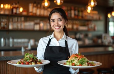 Young smiling woman server holds two fresh food plates. Presents healthy green salad, main course meat dish. Waitress works in modern restaurant, delivering delicious meals. Hospitality staff