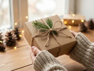 A person holding a wrapped gift box decorated with twine and a sprig of evergreen, ready to be given.