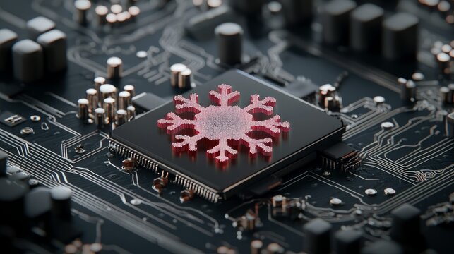 A close-up, macro view of a red snowflake symbol resting on a black CPU chip, which is part of a complex computer circuit board with intricate pathways and comp