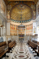 Obraz premium San Clemente Basilica. Triumph of the cross. Marble inlaid floor and choir stall.