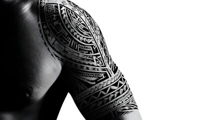 Muscular mans shoulder and arm with an intricate Polynesian tribal tattoo in black and white.