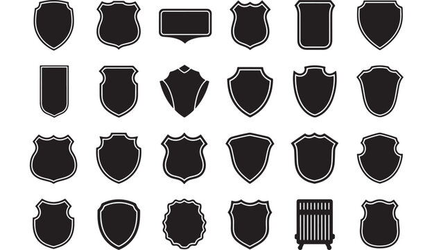 a collection of various black and white shield shapes with a thin white outline perfect for design projects on transparent background silhouette