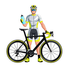 Fototapeta premium Cyclist in Yellow and Gray Gear with Bicycle Holding Water Bottle