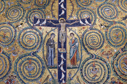 San Clemente Basilica.   Apse mosaic.  Christ on the Cross amid the luxuriant Tree of Life vine. Triumph of the cross.