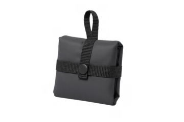 Black nylon folded pouch with button strap closure, compact accessory for carrying essentials, transparent background