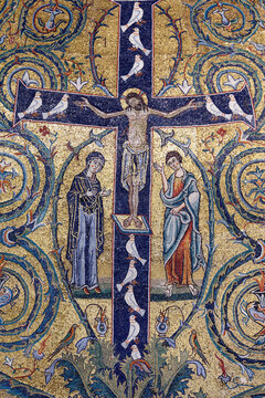 San Clemente Basilica.   Apse mosaic.  Christ on the Cross amid the luxuriant Tree of Life vine. Triumph of the cross.