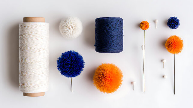 White blue orange yarn pom poms and thread spools crafting knitting