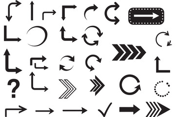 a diverse collection of black arrow icons and circular designs showcasing various directions and movements ideal for designers on transparent background silhouette