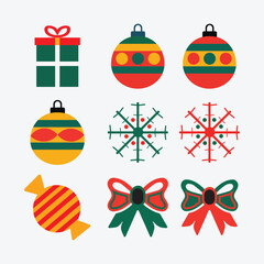 Festive Christmas vector icons featuring ornaments, snowflakes, bows, candy, and a gift box. Colorful flat-design holiday symbols perfect for seasonal cards, decorations, and winter-themed projects.