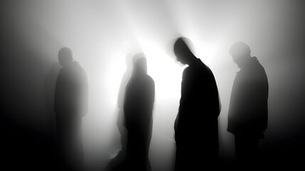 Fototapeta premium Mysterious blurry silhouettes of four people in dark atmospheric fog.