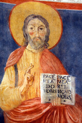 San Clemente Basilica.  Christ Pantocrator blessing, fresco with open Gospel reading Pax vobis.