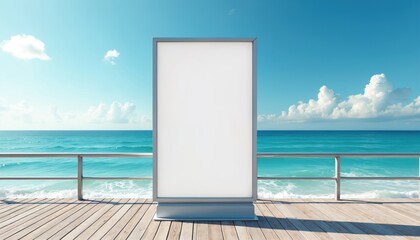 Blank vertical street advertising billboard mockup on wooden pier boardwalk. Calm turquoise ocean water, clear blue sky with fluffy white clouds create beautiful serene backdrop. Empty ad space waits