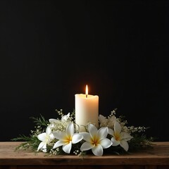 Burning white candle with white plumeria flowers and plants arrangement on dark wood surface. Empty black space for memorial text or obituary announcement.