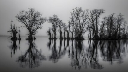 Bare trees reflecting in still swamp water on a foggy, atmospheric day, creating a moody natural landscape