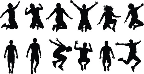 Set of black jumping and cheering people silhouettes, isolated vector illustrations, high energy poses symbolizing happiness, success, youth, and freedom