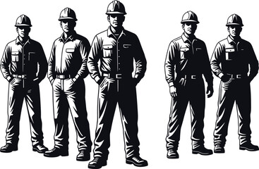 Set of Construction Worker Silhouettes, Standing in Uniform with Hard Hats, Detailed Black and White Vector Illustration for Safety, Industrial, and Labor-Themed Design Projects