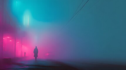 Mysterious figure walking through a foggy neon-lit city street at night.