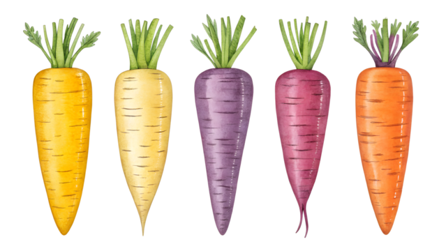 Five colorful carrots PNG isolated on transparent background, yellow and purple root vegetables for healthy eating and vegetarian diet
