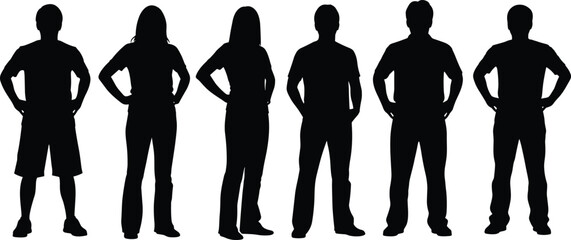 Set of diverse people vector silhouettes, isolated black casual figures, men and women standing with hands on hips, perfect for general scale and graphic design