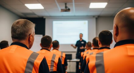 Workers in high-visibility vests attending a training session in a corporate meeting room.