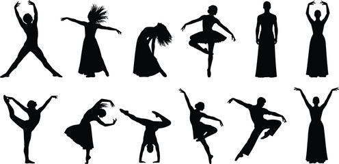 Set of Female Dancer Silhouettes, Performing Ballet and Modern Dance Poses, Black Vector Illustration Pack for Arts, Theatre, Dance Studio Logos, and Creative Movement Graphics