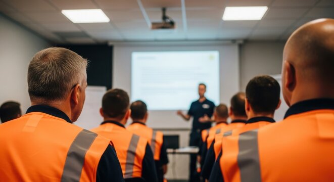 Workers in high-visibility vests attending a training session in a corporate meeting room.