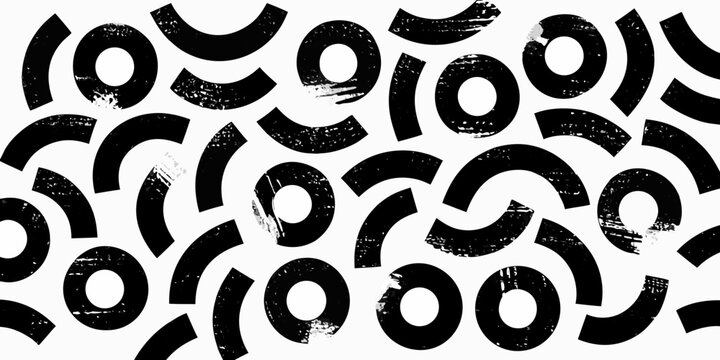 Monochrome abstract background with distressed circles and arcs pattern