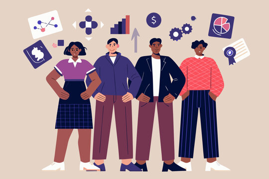 Diverse business team standing together with business and finance icons