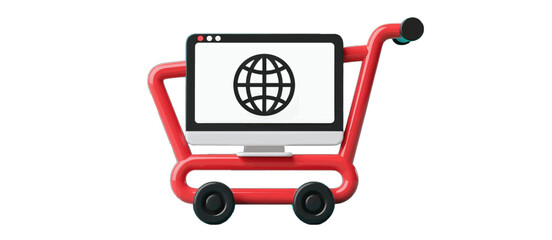 Red Shopping Cart with Laptop Showing Globe Icon