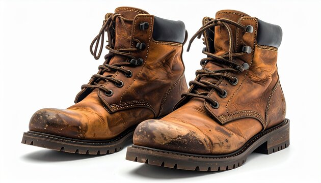 Rugged tan leather work boots with black padded collars and thick treaded soles on neutral surface.