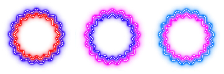 Circle floral frame line neon light set of two-color shaped objects isolated on white background	