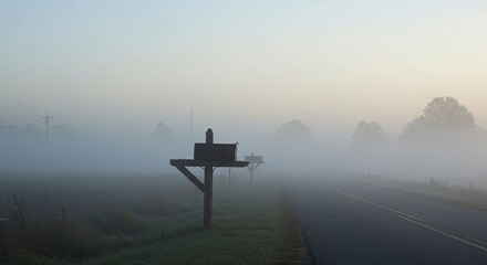 Foggy morning landscape with mailbox silhouetted against soft sky