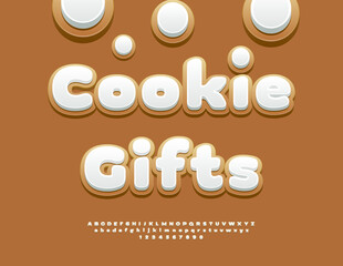 Vector Festive template Cookie Gifts. Gingerbread Font with White Cream. Sweet set of Alphabet Letters and Numbers
