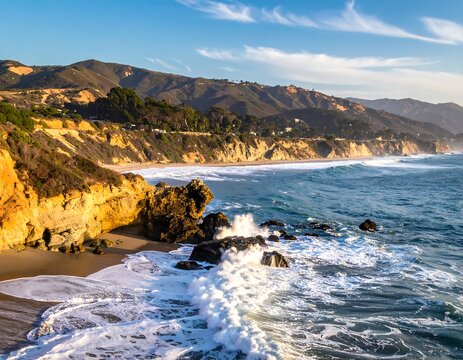 Coastal Serenity - Waves Crashing on Malibus Rocky Shoreline.