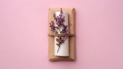 Wrapped gift with purple flowers and twine present paper