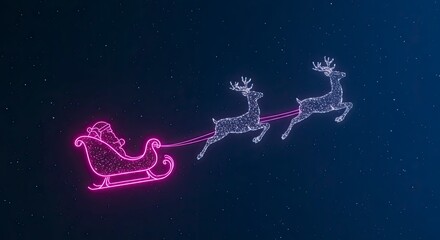 Festive neon illustration of santa claus sleigh and reindeer on dark background
