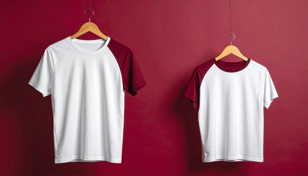 Two white t-shirts with dark red sleeves hanging on wooden hangers against red wall, casual and symmetrical.