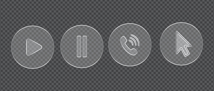 Transparent Play, Pause, Phone, and Cursor Buttons on Checkered Background for Interface Design