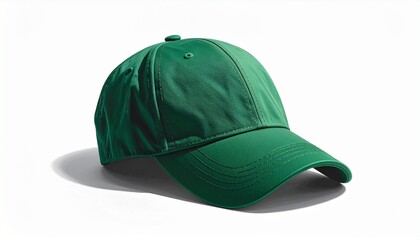 Green baseball cap with curved brim and stitched panels on neutral background, casual and clean design.