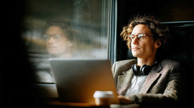 A young man with glasses and headphones uses his laptop on a train. He wears a blazer and looks out the window lost in thought. The scene is bathed in natural daylight - Powered by Adobe