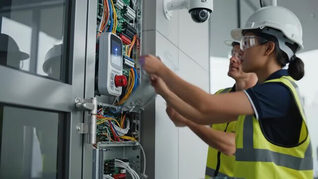 Two technicians, wearing safety gear, work on an electrical panel. Tools and wires visible