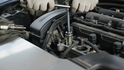 A mechanic is working on a car engine, tightening a bolt with a wrench. Concept of precision and expertise, as the mechanic carefully handles the tools and performs the task