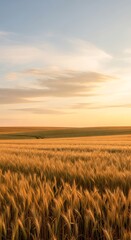 Naklejka premium Golden wheat field glowing under a beautiful sunset sky.