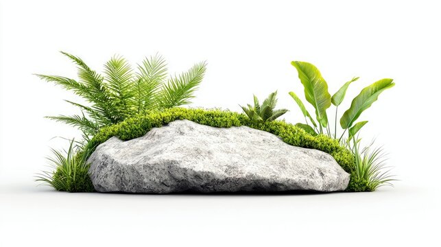 A textured grey stone is adorned with vibrant green moss and various lush plants, including ferns and broad-leafed foliage, set against a clean white background