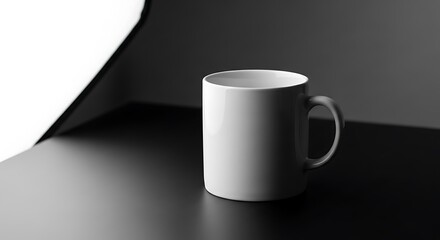 A plain white ceramic mug with a handle sits on a dark reflective surface with dramatic lighting white mug