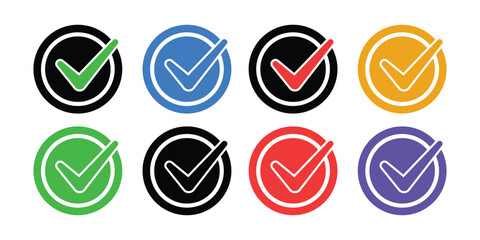Verified Check Mark Icon Set Vector, Approved Success Circle Border Symbol, Quality Assurance Graphic