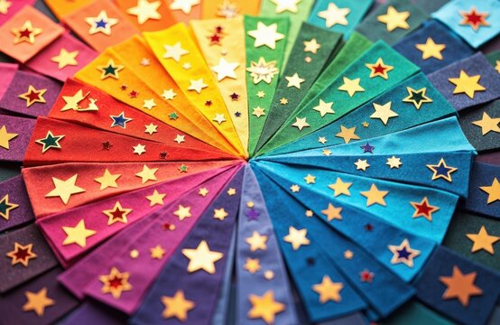 Colorful paper fans arranged in a circular rainbow pattern with star cutouts - Powered by Adobe