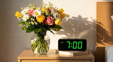 A vase of colorful flowers sits on a wooden nightstand next to a digital alarm clock displaying 700 A M