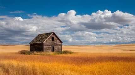 Obraz premium Old wooden barn standing alone in a golden prairie field under a cloudy sky.