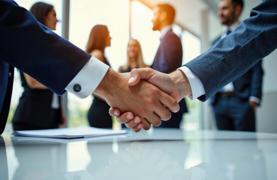Business handshake between colleagues in a bright modern office setting